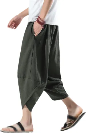 keusyoi Summer Calf-Length Pants Casual Men's Pants Wide Leg Cotton Linen Harem Pants Men's Baggy Beach Pants