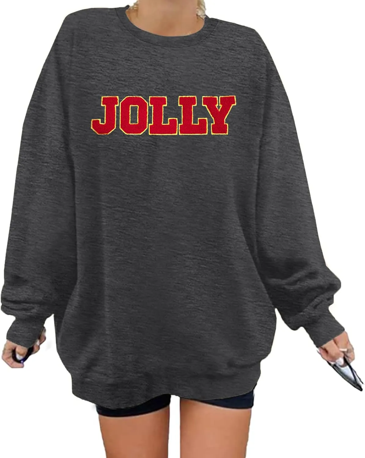 KIDDAD Christmas Sweatshirts Women Glitter Patch Jolly Graphic Sweatshirt Oversized Xmas Vacation Long Sleeve Pullover Tops