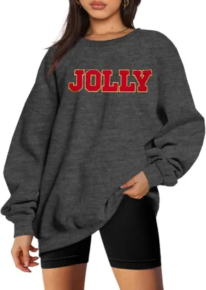 KIDDAD Christmas Sweatshirts Women Glitter Patch Jolly Graphic Sweatshirt Oversized Xmas Vacation Long Sleeve Pullover Tops