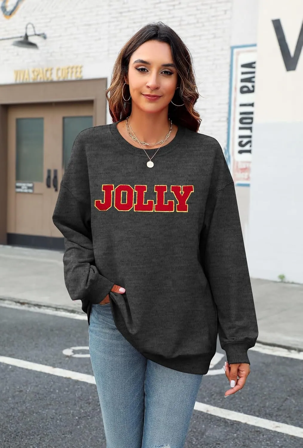 KIDDAD Christmas Sweatshirts Women Glitter Patch Jolly Graphic Sweatshirt Oversized Xmas Vacation Long Sleeve Pullover Tops