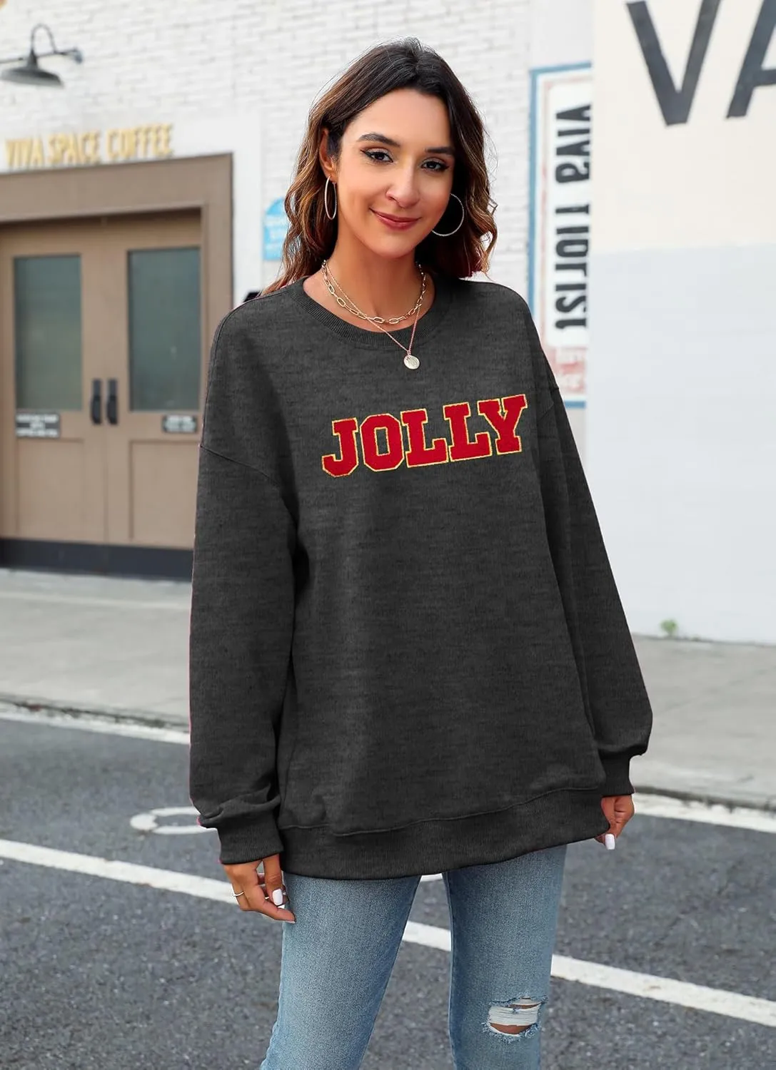 KIDDAD Christmas Sweatshirts Women Glitter Patch Jolly Graphic Sweatshirt Oversized Xmas Vacation Long Sleeve Pullover Tops