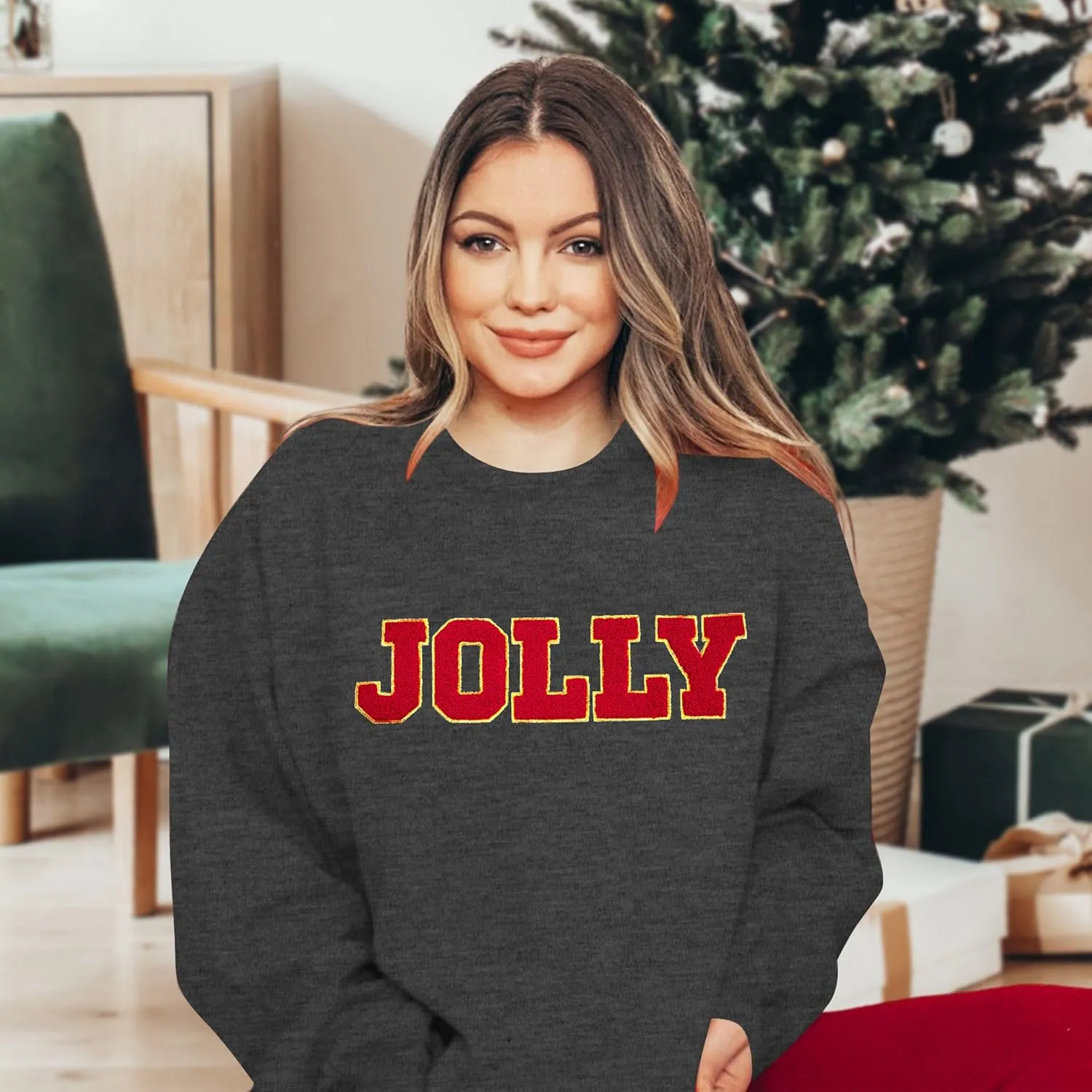 KIDDAD Christmas Sweatshirts Women Glitter Patch Jolly Graphic Sweatshirt Oversized Xmas Vacation Long Sleeve Pullover Tops