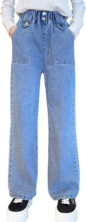 Kids Girls' Fashion Elastic Waist Wide Leg Baggy Denim Pants Straight Washed Loose Jeans Age 5-14 Years