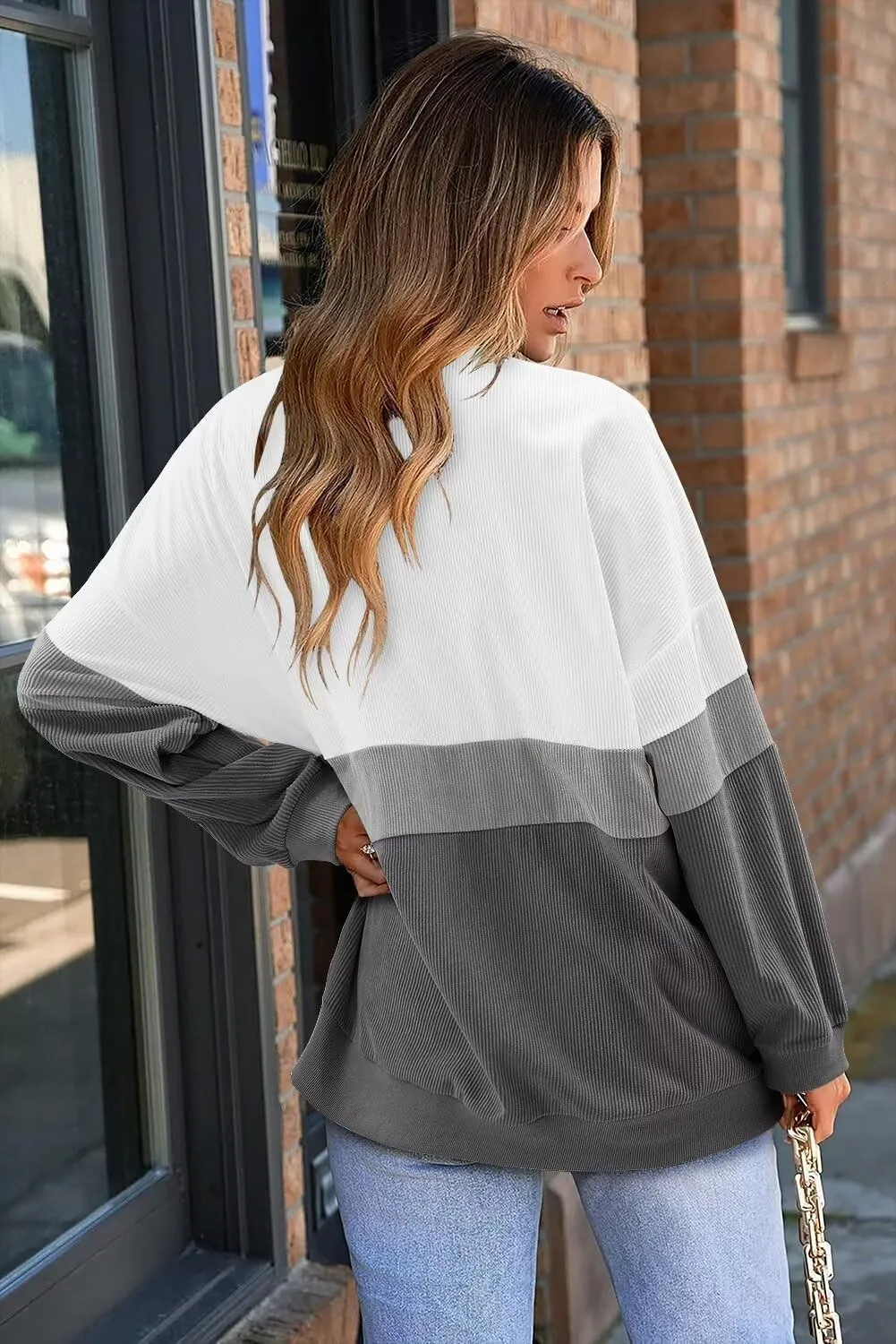 KISSMODA Womens Casual Long Sleeve Sweatshirts Color Block/Solid Tops Corduroy Crewneck Tunic Pullover with Pockets