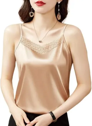 Lace Camisole Women's Suit Inner Satin Base Shirt Large Size Outer Sleeveless Top(Black,XXX-Large)