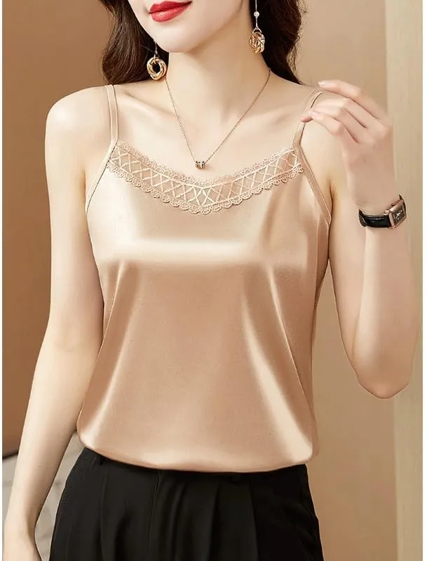 Lace Camisole Women's Suit Inner Satin Base Shirt Large Size Outer Sleeveless Top(Black,XXX-Large)