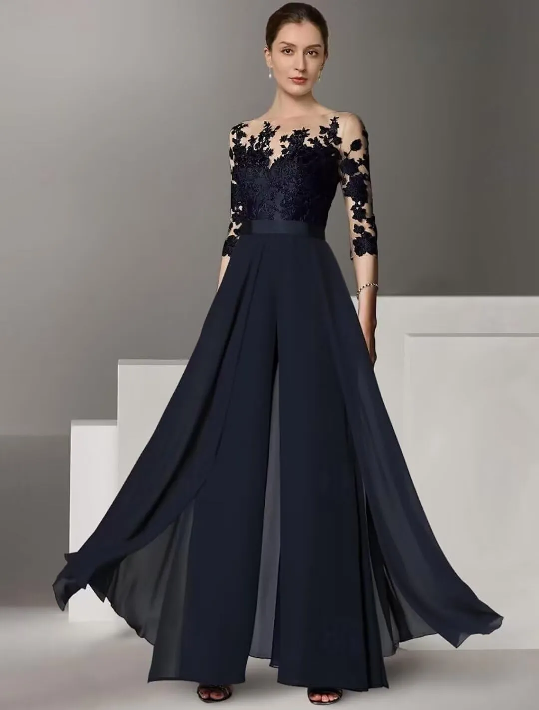 Lace Mother of The Bride Wedding Jumpsuits 3/4 Long Sleeves Formal Pant Suits for Women KW005