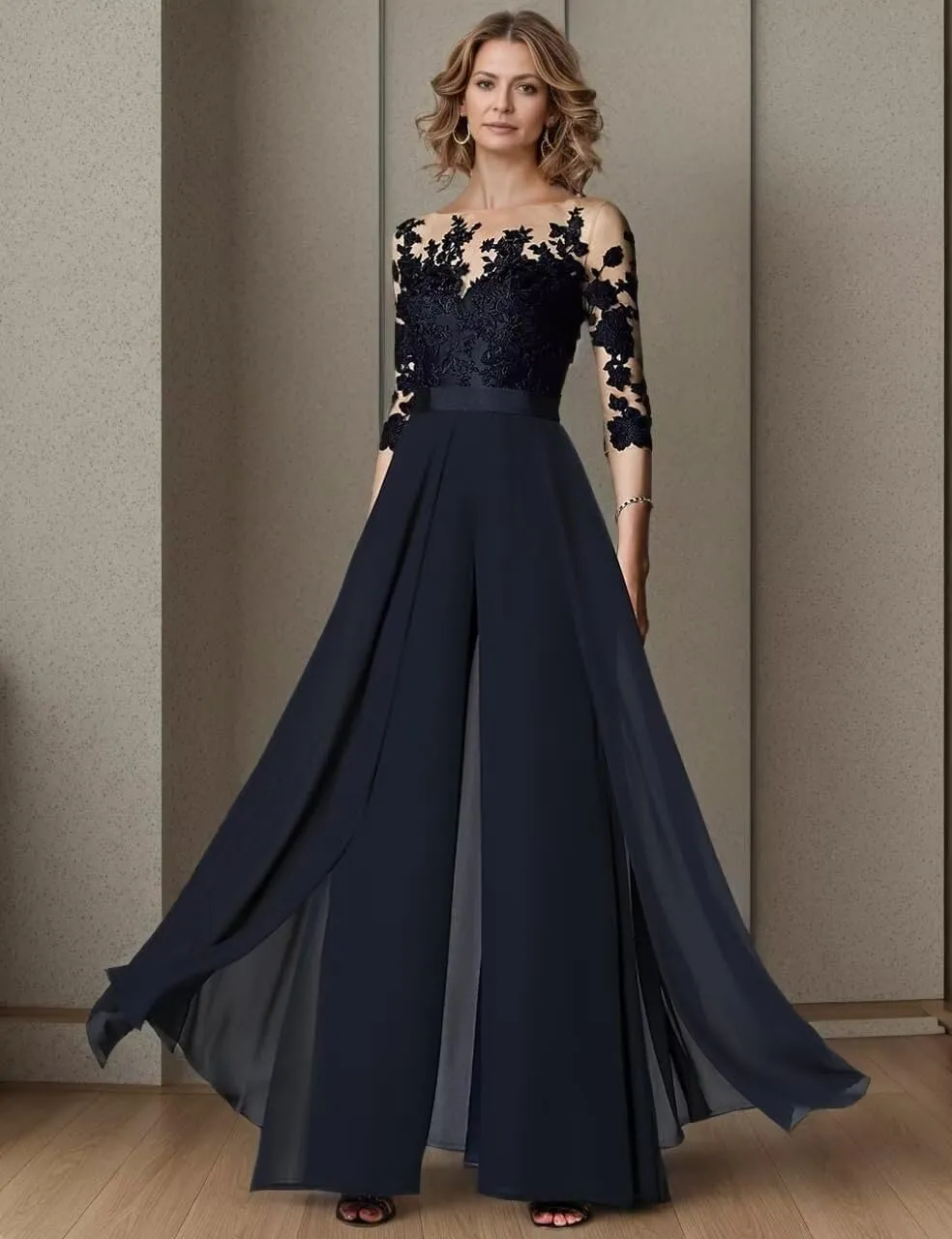 Lace Mother of The Bride Wedding Jumpsuits 3/4 Long Sleeves Formal Pant Suits for Women KW005