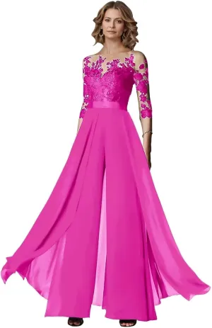 Lace Mother of The Bride Wedding Jumpsuits 3/4 Long Sleeves Formal Pant Suits for Women KW005