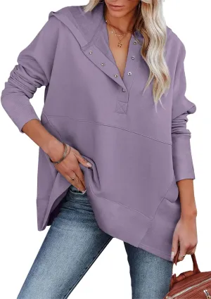LaLaLa Women Button Down V Neck Hoodies Casual Long Sleeve Oversized Pullover Sweatshirt Hooded Tops with Pockets