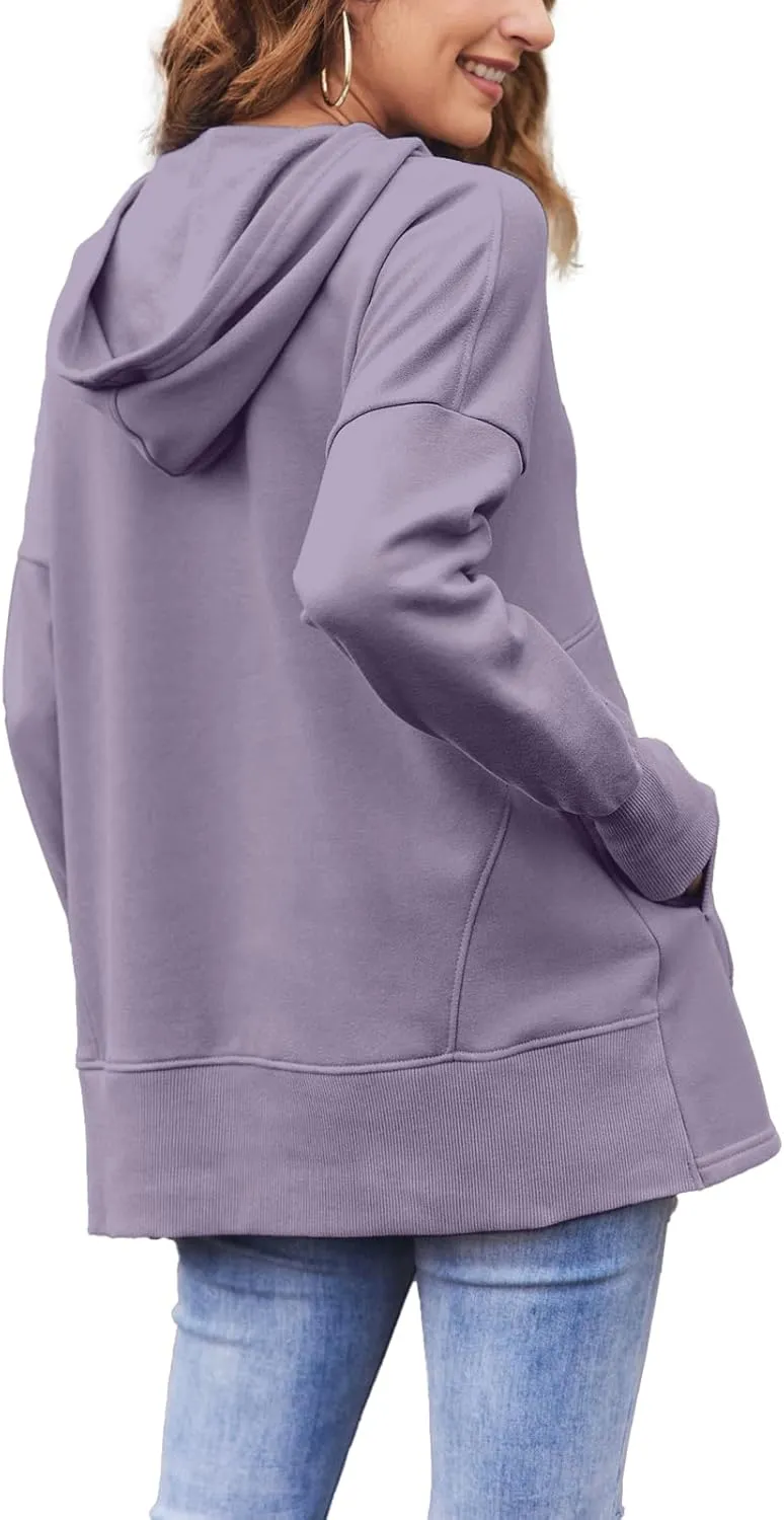 LaLaLa Women Button Down V Neck Hoodies Casual Long Sleeve Oversized Pullover Sweatshirt Hooded Tops with Pockets
