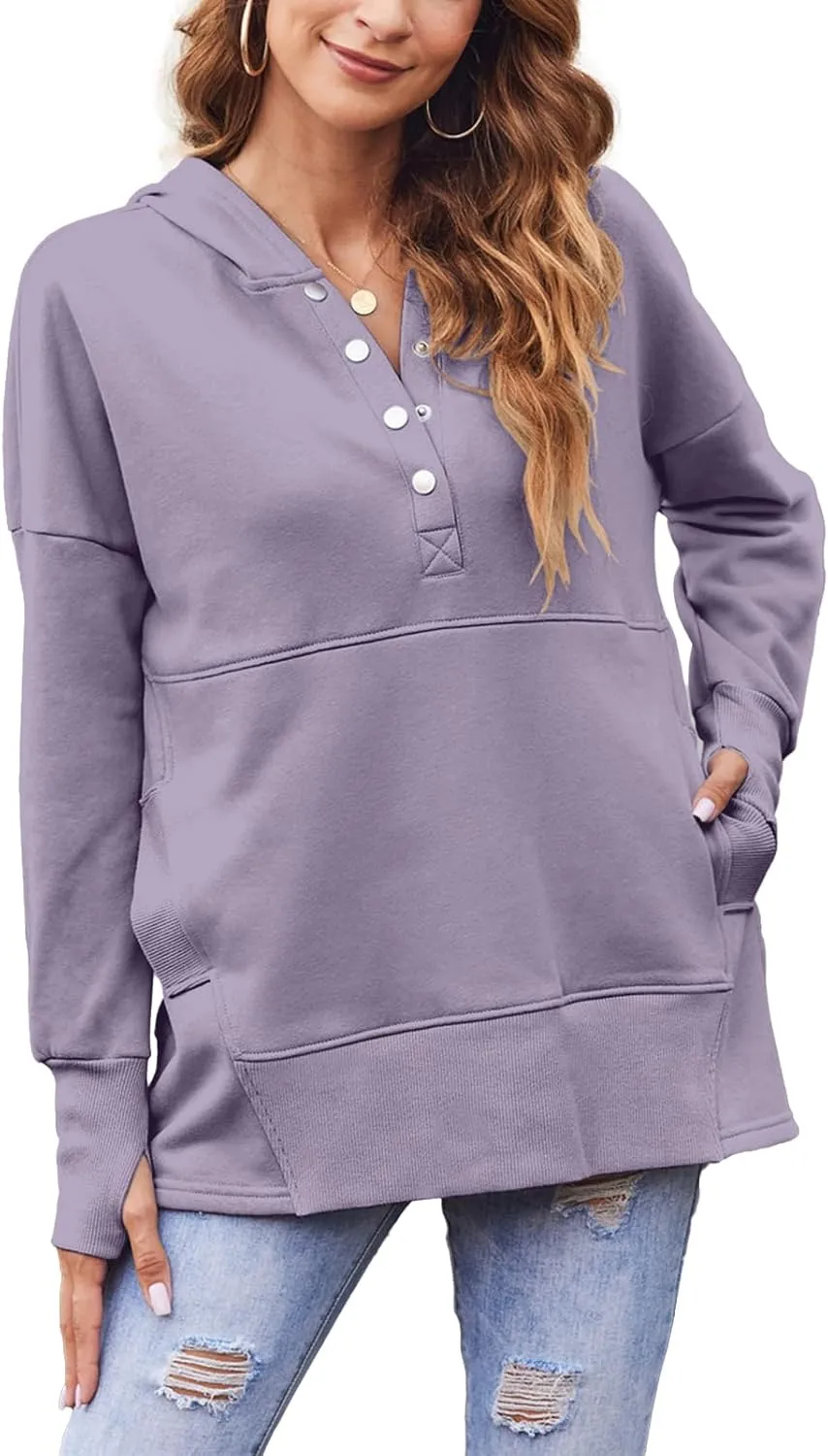 LaLaLa Women Button Down V Neck Hoodies Casual Long Sleeve Oversized Pullover Sweatshirt Hooded Tops with Pockets