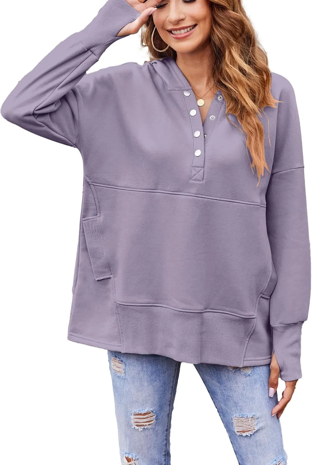 LaLaLa Women Button Down V Neck Hoodies Casual Long Sleeve Oversized Pullover Sweatshirt Hooded Tops with Pockets