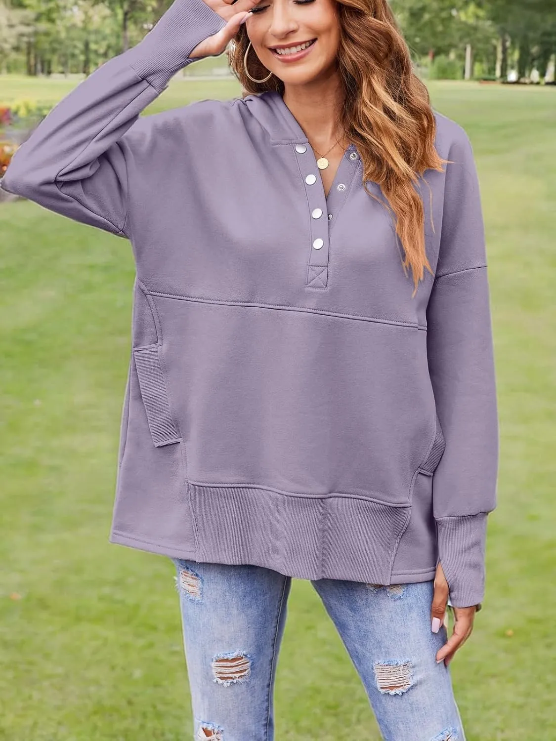 LaLaLa Women Button Down V Neck Hoodies Casual Long Sleeve Oversized Pullover Sweatshirt Hooded Tops with Pockets