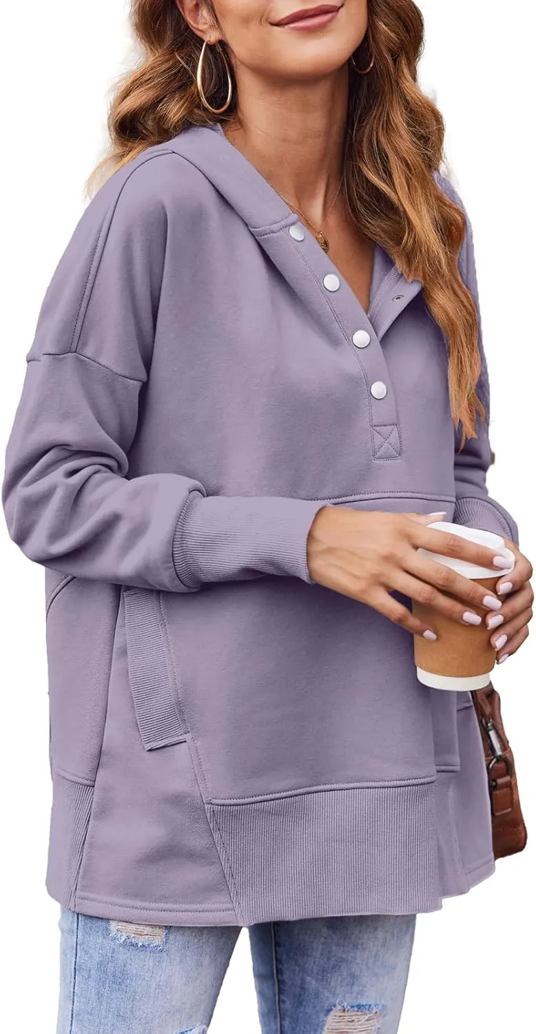 LaLaLa Women Button Down V Neck Hoodies Casual Long Sleeve Oversized Pullover Sweatshirt Hooded Tops with Pockets