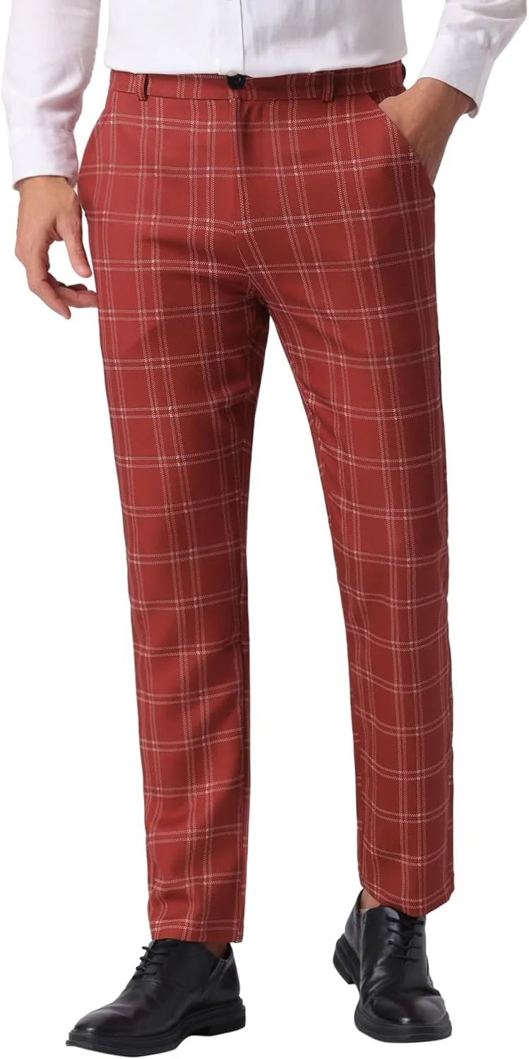 Lars Amadeus Men's Dress Plaid Pants Flat Front Printed Business Check Trousers