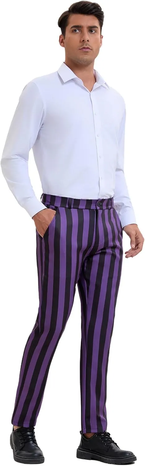 Lars Amadeus Men's Striped Pants Casual Skinny Fit Color Block Pencil Dress Trousers