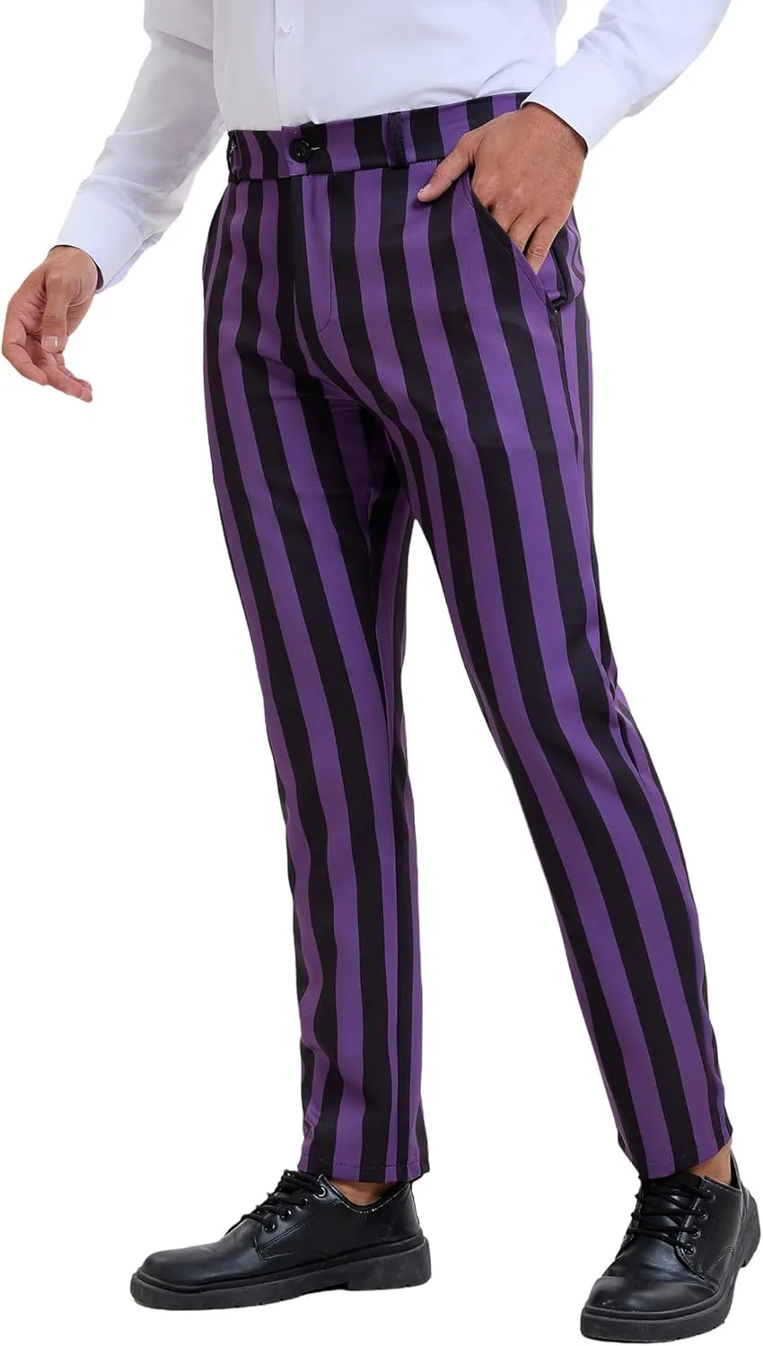 Lars Amadeus Men's Striped Pants Casual Skinny Fit Color Block Pencil Dress Trousers