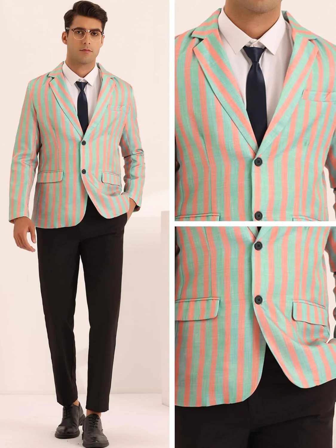 Lars Amadeus Striped Sports Coat for Men's Notch Lapel Color Block Stripes Pattern Blazer