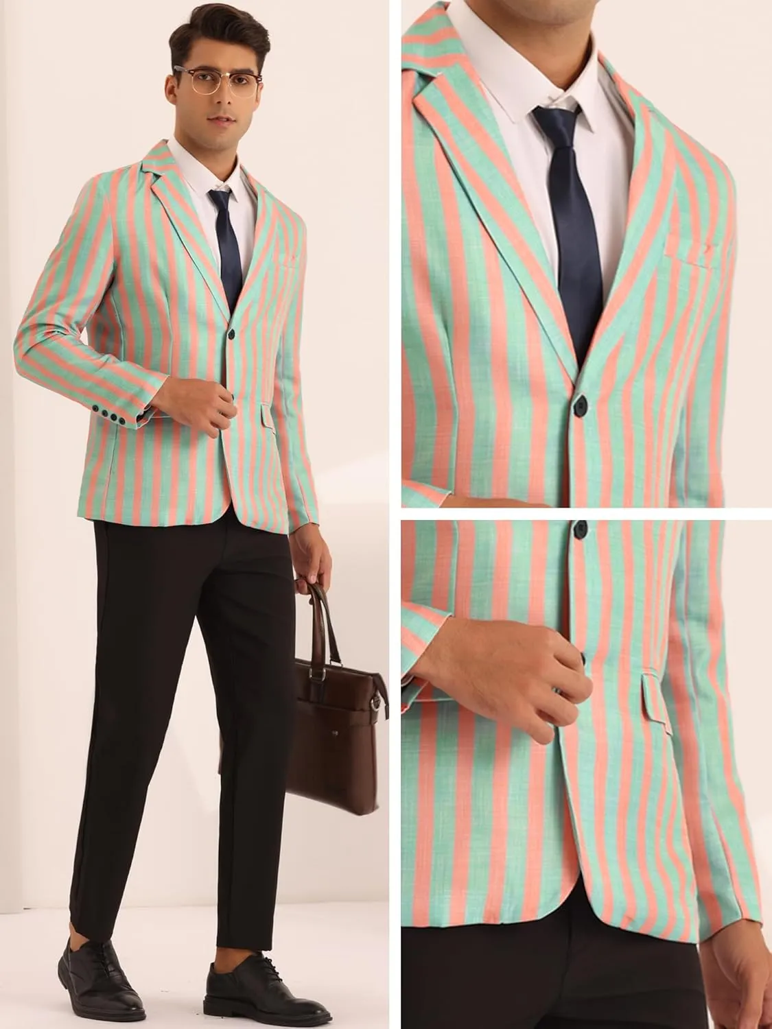 Lars Amadeus Striped Sports Coat for Men's Notch Lapel Color Block Stripes Pattern Blazer