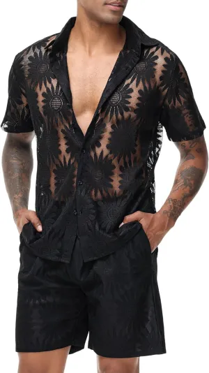 LecGee Men Summer Casual Short Sets Lace Short Sleeve Button Down Shirt Elastic Waist Shorts 2 Piece Outfits Tracksuit