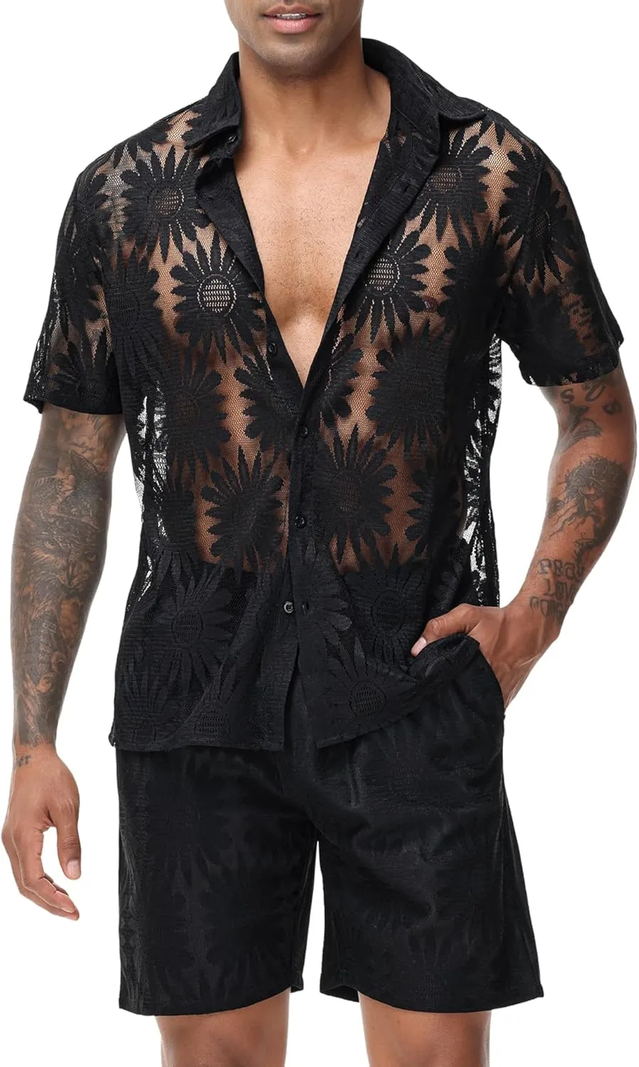 LecGee Men Summer Casual Short Sets Lace Short Sleeve Button Down Shirt Elastic Waist Shorts 2 Piece Outfits Tracksuit