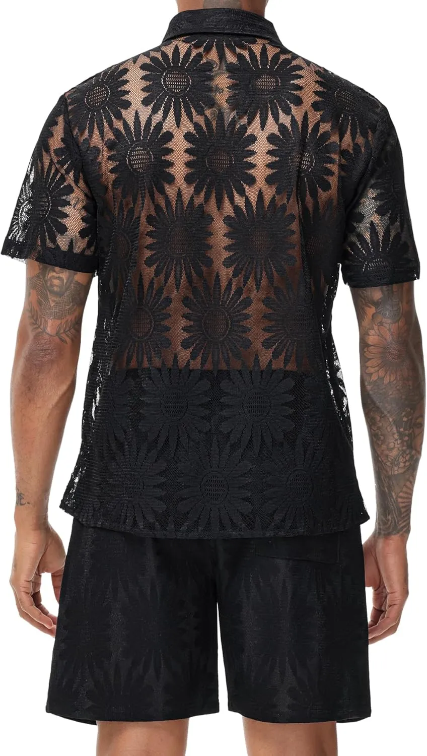 LecGee Men Summer Casual Short Sets Lace Short Sleeve Button Down Shirt Elastic Waist Shorts 2 Piece Outfits Tracksuit