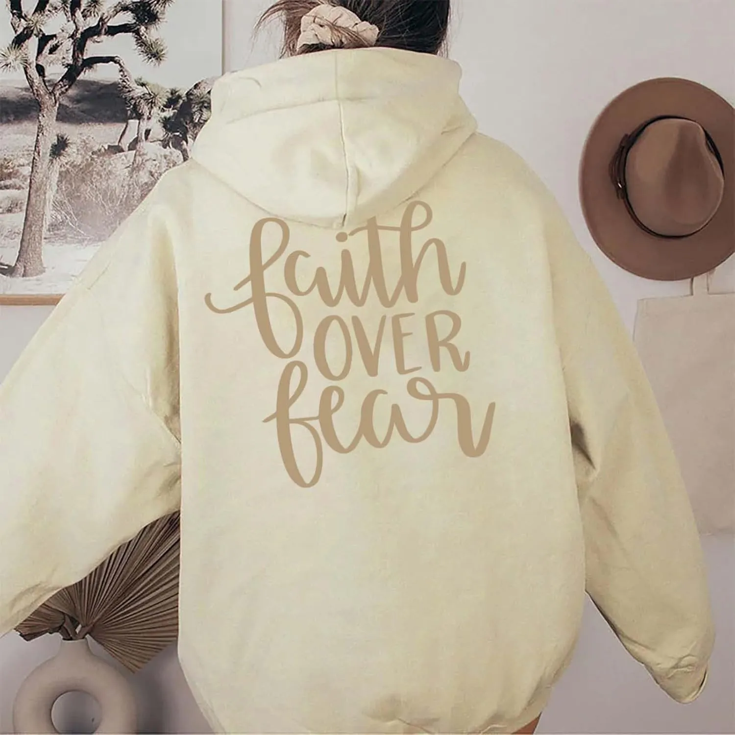 Letter Graphic Hoodie for Women Oversized Long Sleeves Sweatshirt Faith Over Fear Sweater Fall Clothes with Pocket