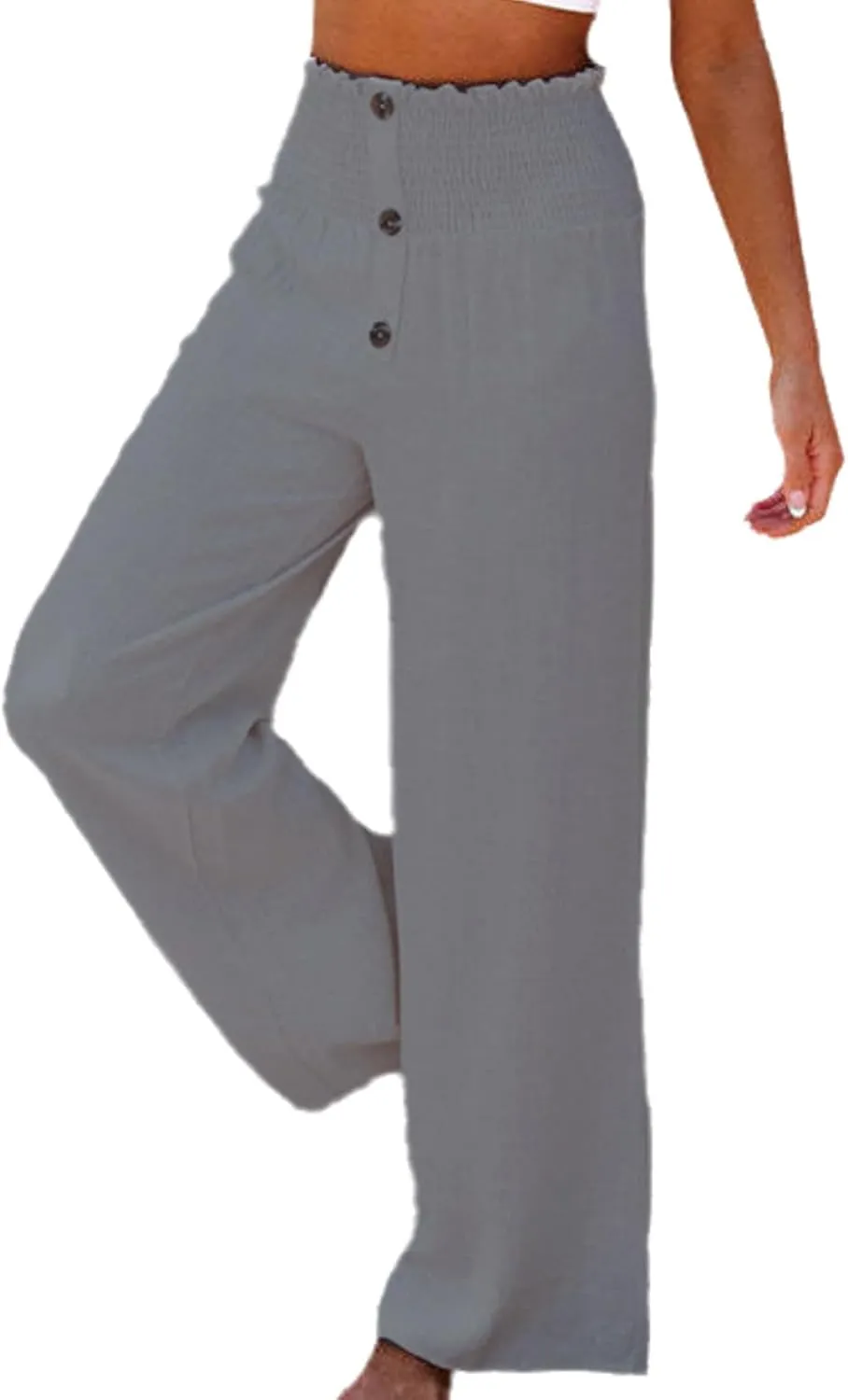 Linen Blend High Rise Smocked Pants,Women's Summer Solid High Waisted Loose Casual Elastic Waist Wide-Leg Trousers