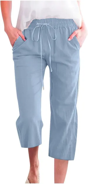 Linen Capris Pants for Women Summer Casual Drawstring Loose Elastic High Waist Cropped Straight Trousers with Pockets