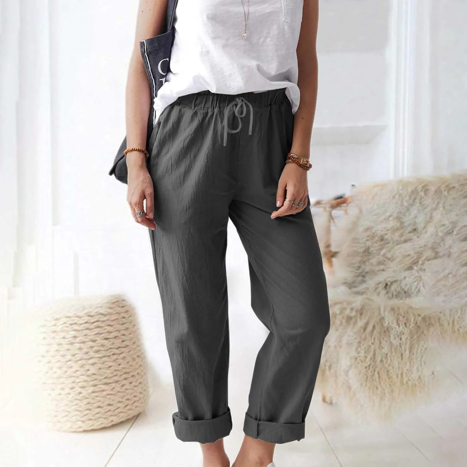 Linen Pants for Women 2025 Straight Wide Leg Lounge Pants Elastic Waist Roll Up Summer Beach Trousers with Pockets