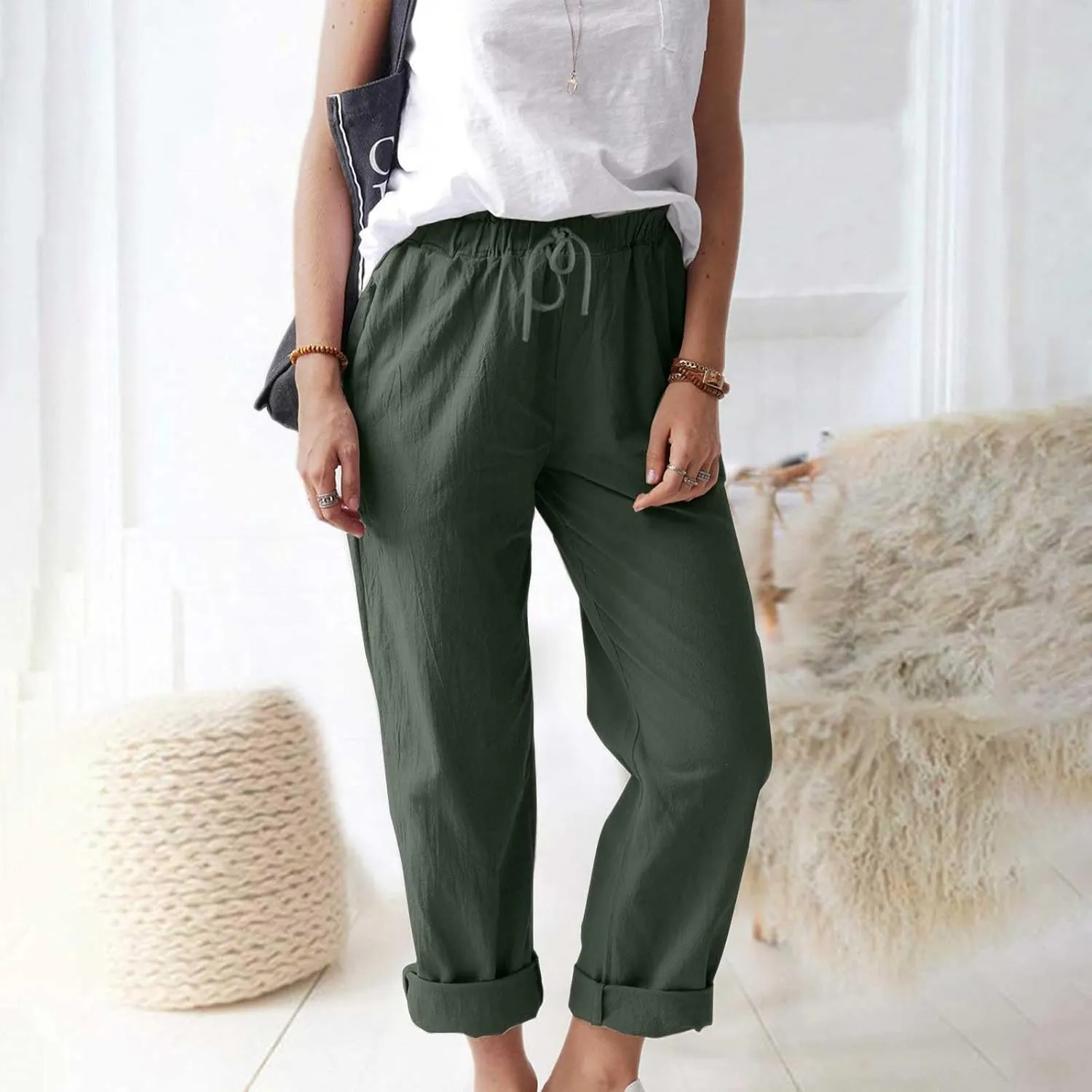 Linen Pants for Women 2025 Straight Wide Leg Lounge Pants Elastic Waist Roll Up Summer Beach Trousers with Pockets