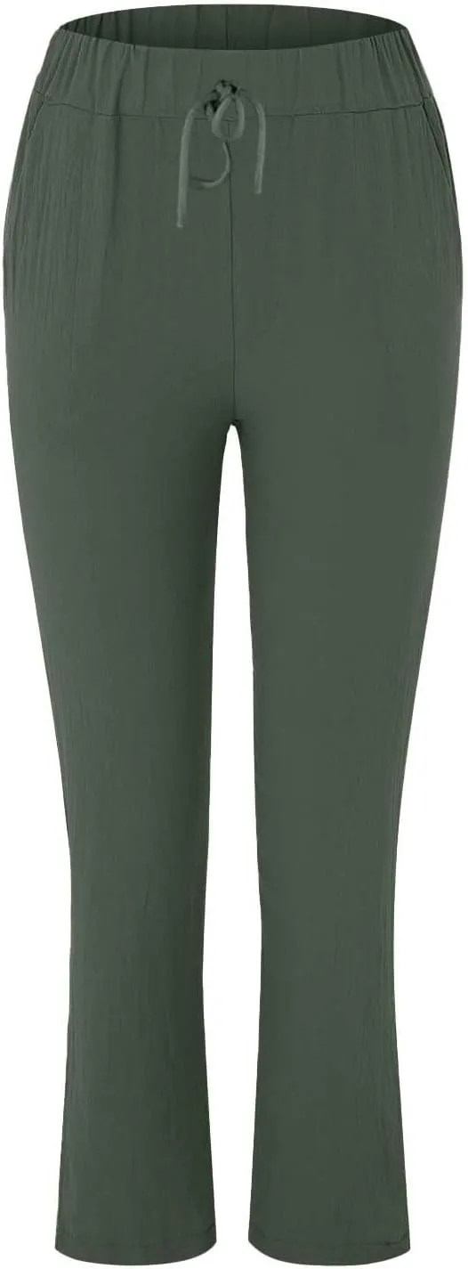 Linen Pants for Women 2025 Straight Wide Leg Lounge Pants Elastic Waist Roll Up Summer Beach Trousers with Pockets