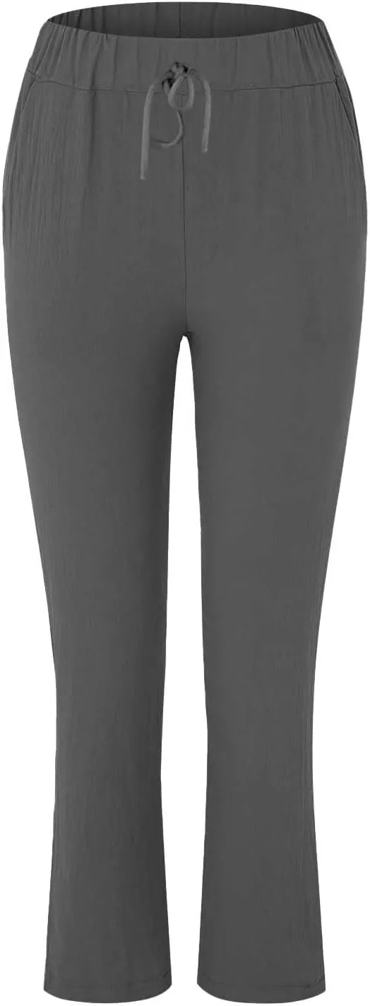 Linen Pants for Women 2025 Straight Wide Leg Lounge Pants Elastic Waist Roll Up Summer Beach Trousers with Pockets