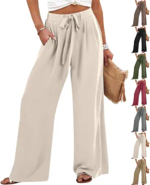 Linen Pants for Women 2025 Summer High Waisted Wide Leg Palazzo Pants Casual Loose Flowy Beach Trousers with Pockets