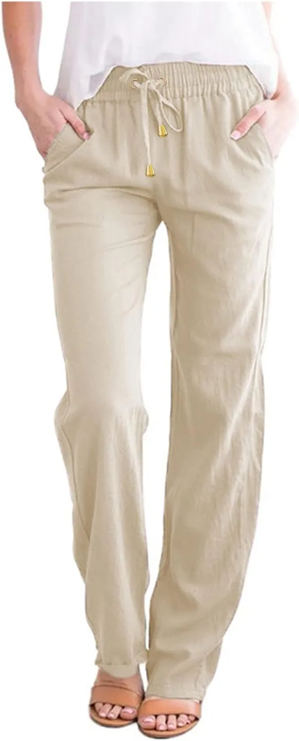Linen Pants for Women High Waist Casual Wide Leg Pants Drawstring Summer Pants with Pockets Beach Palazzo Pants Trousers, 3X-Large, #A7-beige