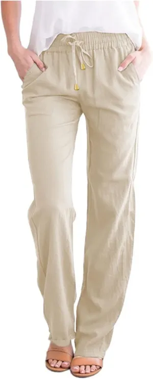 Linen Pants for Women High Waist Casual Wide Leg Pants Drawstring Summer Pants with Pockets Beach Palazzo Pants Trousers, 3X-Large, #A7-beige