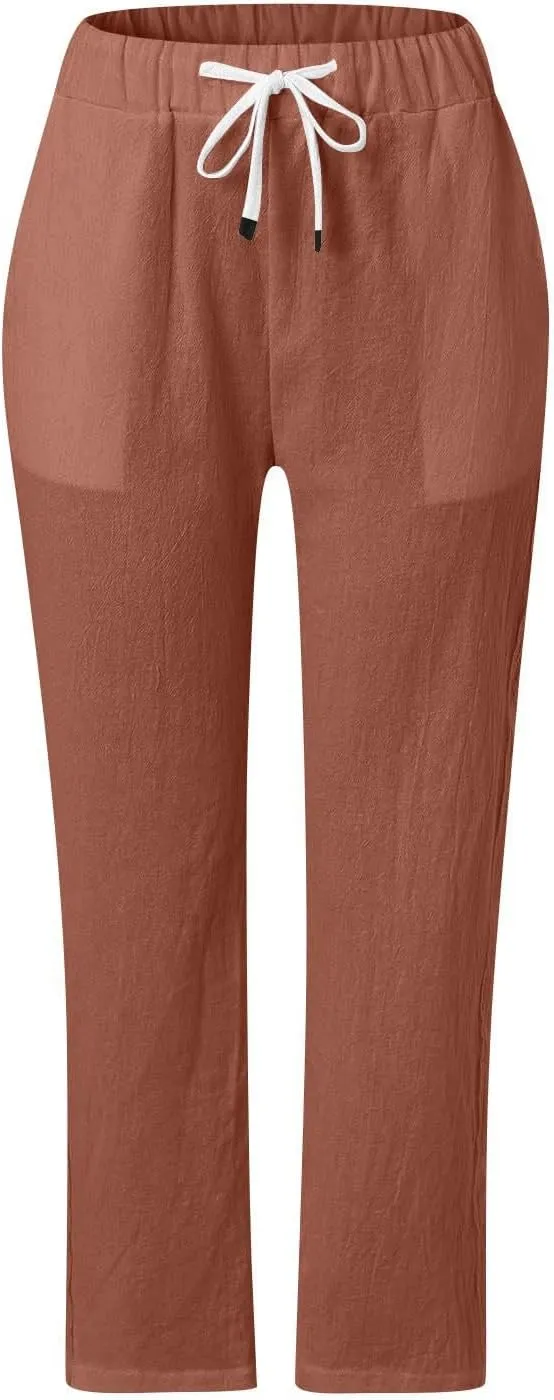 Linen Pants for Women Summer Lounge Pant Elastic Drawstring Casual Trousers with Pockets 2025 Beach Outfits