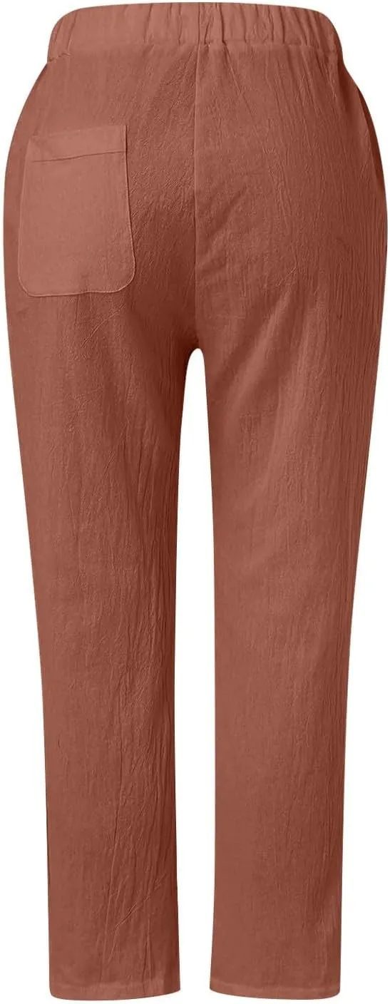 Linen Pants for Women Summer Lounge Pant Elastic Drawstring Casual Trousers with Pockets 2025 Beach Outfits