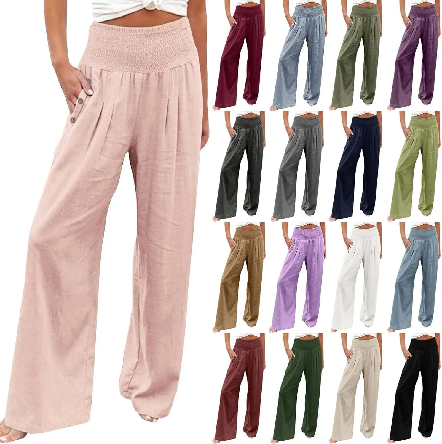 Linen Pants Women Summer Wide Leg Drawstring Elastic Waist High Waisted Lounge Pants Casual Beach Trousers with Pockets