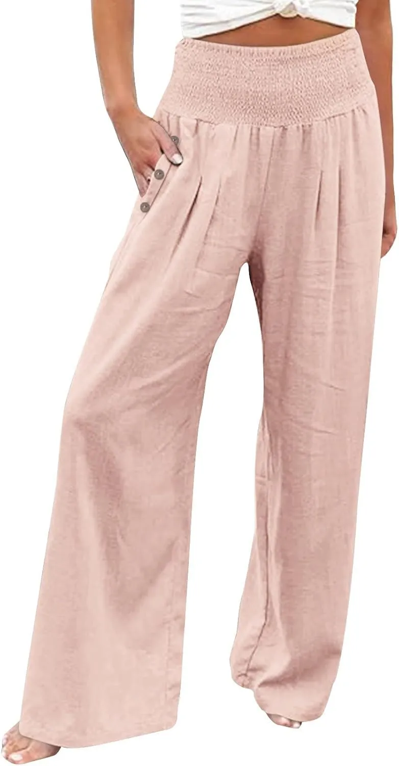 Linen Pants Women Summer Wide Leg Drawstring Elastic Waist High Waisted Lounge Pants Casual Beach Trousers with Pockets