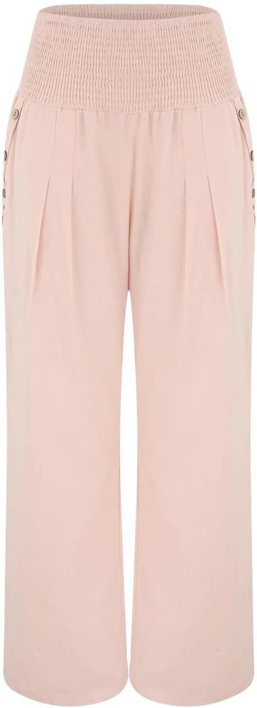Linen Pants Women Summer Wide Leg Drawstring Elastic Waist High Waisted Lounge Pants Casual Beach Trousers with Pockets