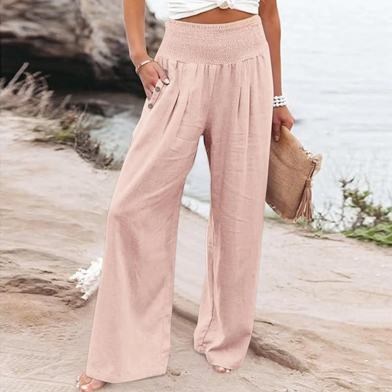 Linen Pants Women Summer Wide Leg Drawstring Elastic Waist High Waisted Lounge Pants Casual Beach Trousers with Pockets