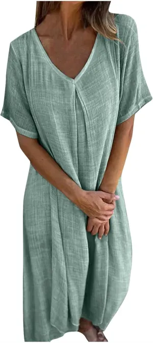 Lmdudan Summer Beach Sundress for Women Short Sleeve V Neck Cotton Linen Dress 2024 Trendy Solid Color Vacation Maxi Dresses