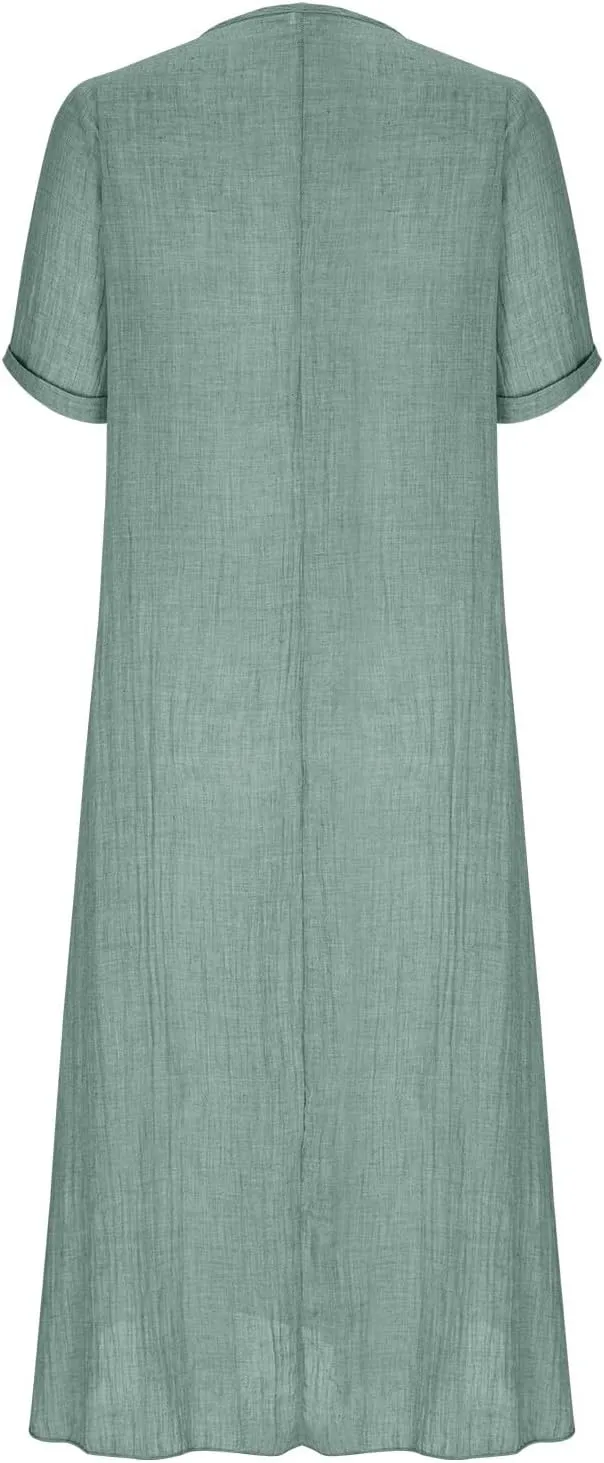 Lmdudan Summer Beach Sundress for Women Short Sleeve V Neck Cotton Linen Dress 2024 Trendy Solid Color Vacation Maxi Dresses