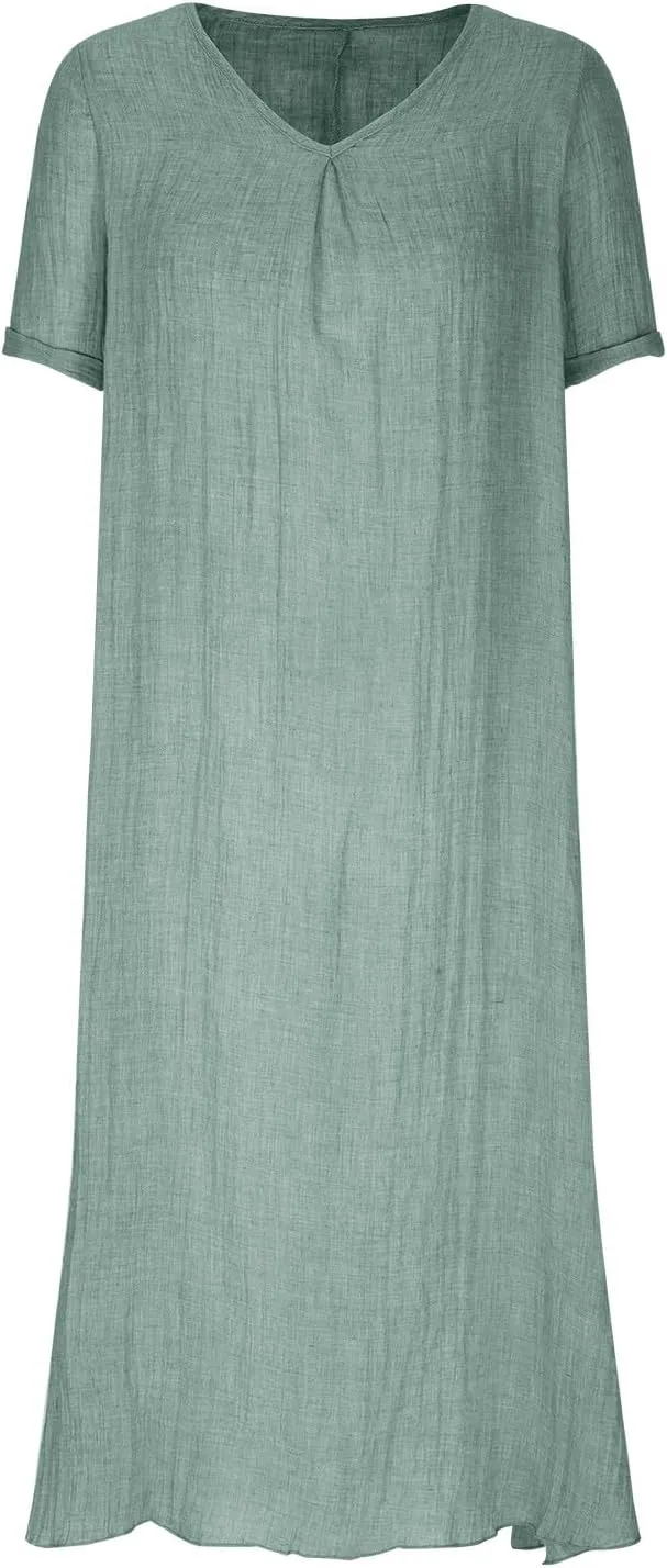 Lmdudan Summer Beach Sundress for Women Short Sleeve V Neck Cotton Linen Dress 2024 Trendy Solid Color Vacation Maxi Dresses