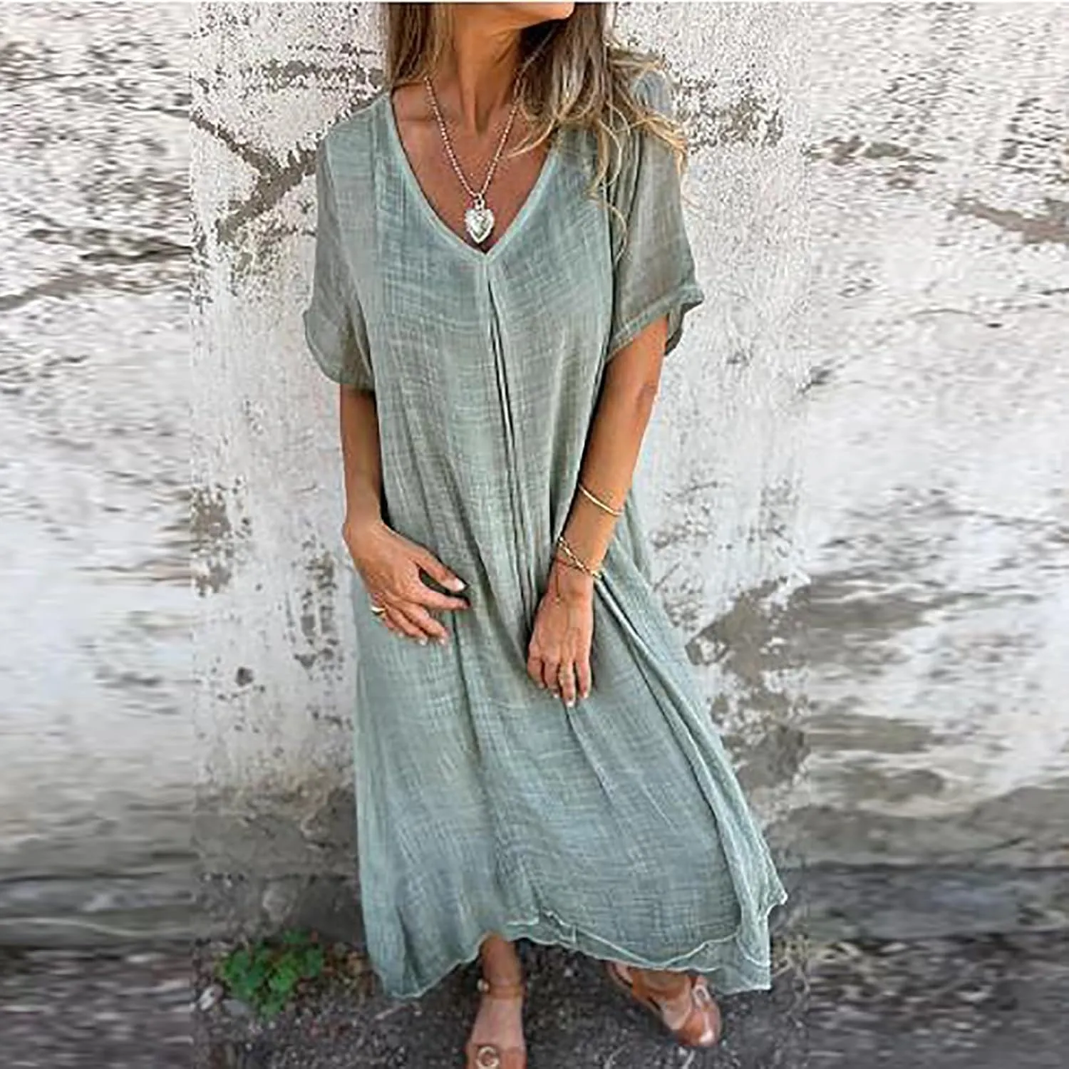 Lmdudan Summer Beach Sundress for Women Short Sleeve V Neck Cotton Linen Dress 2024 Trendy Solid Color Vacation Maxi Dresses