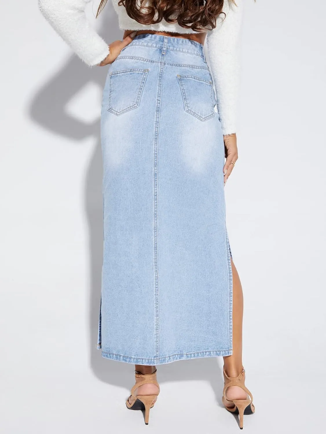 Long Denim Skirt Women Vintage High Waist Patchwork Pencil Long Jean Skirt Side Split Denim Skirt