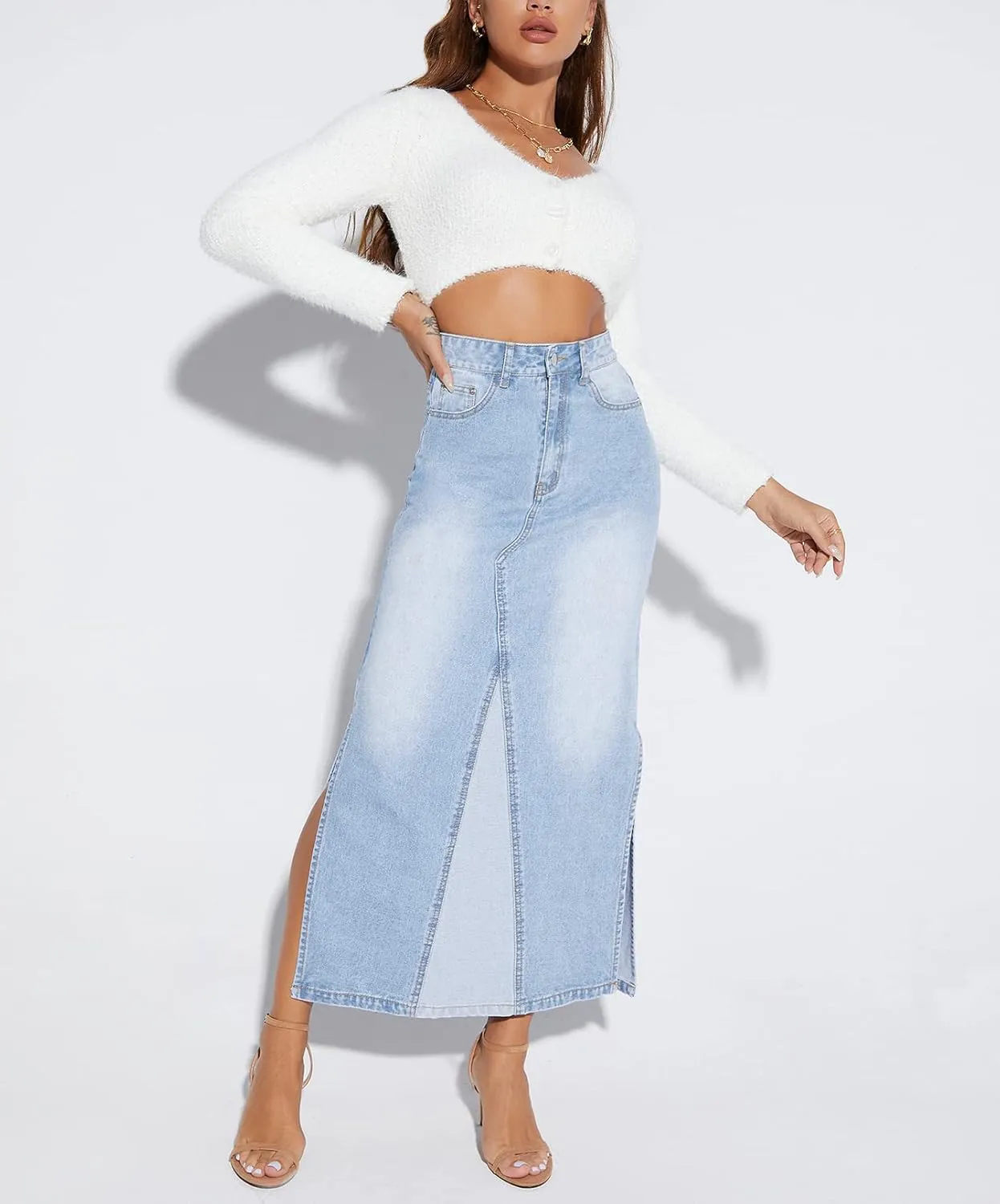 Long Denim Skirt Women Vintage High Waist Patchwork Pencil Long Jean Skirt Side Split Denim Skirt