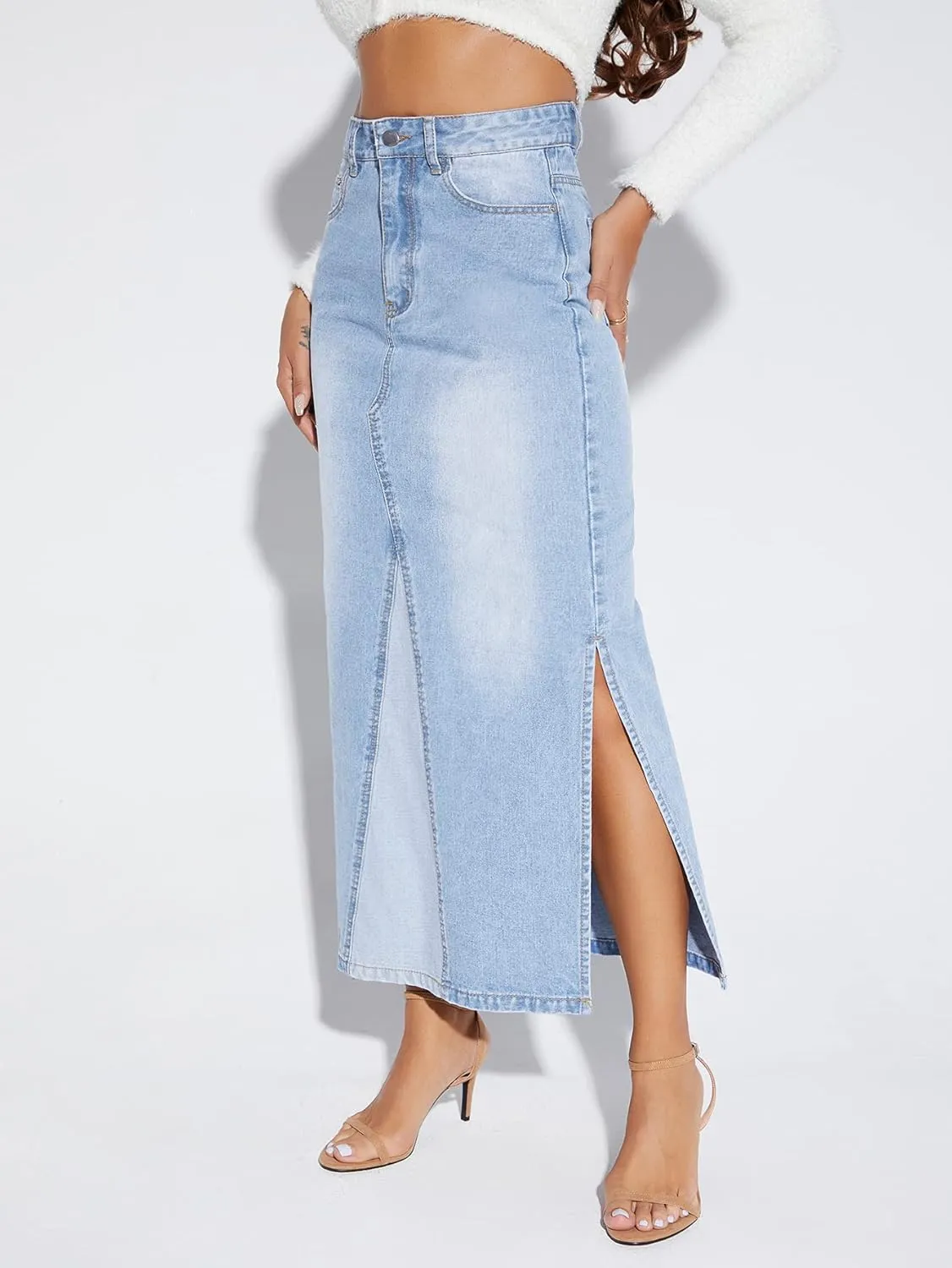 Long Denim Skirt Women Vintage High Waist Patchwork Pencil Long Jean Skirt Side Split Denim Skirt